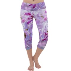 Pink Lilac Flowers Capri Yoga Leggings by FunnyCow