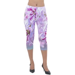 Pink Lilac Flowers Lightweight Velour Capri Leggings  by FunnyCow