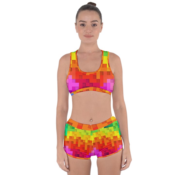 Abstract Background Square Colorful Racerback Boyleg Bikini Set