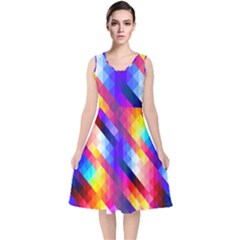 Abstract Background Colorful Pattern V-neck Midi Sleeveless Dress 