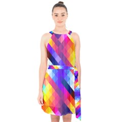 Abstract Background Colorful Pattern Halter Collar Waist Tie Chiffon Dress