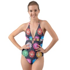 Background Colorful Abstract Halter Cut-out One Piece Swimsuit