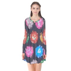 Background Colorful Abstract Long Sleeve V-neck Flare Dress