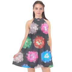 Background Colorful Abstract Halter Neckline Chiffon Dress 