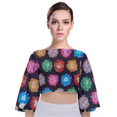Background Colorful Abstract Tie Back Butterfly Sleeve Chiffon Top