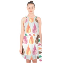 Background Colorful Abstract Halter Collar Waist Tie Chiffon Dress