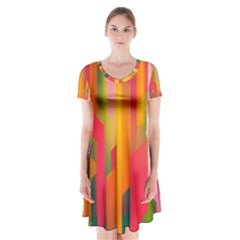 Background Abstract Colorful Short Sleeve V-neck Flare Dress