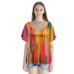 Background Abstract Colorful V-Neck Flutter Sleeve Top