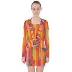 Background Abstract Colorful V-neck Bodycon Long Sleeve Dress