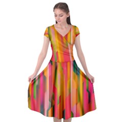 Background Abstract Colorful Cap Sleeve Wrap Front Dress