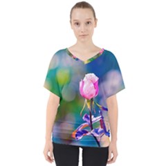 Pink Rose Flower V-neck Dolman Drape Top by FunnyCow