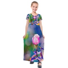 Pink Rose Flower Kids  Short Sleeve Maxi Dress by FunnyCow