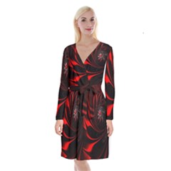Abstract Curve Dark Flame Pattern Long Sleeve Velvet Front Wrap Dress