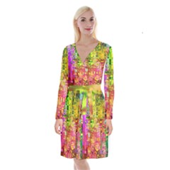 Color Abstract Artifact Pixel Long Sleeve Velvet Front Wrap Dress