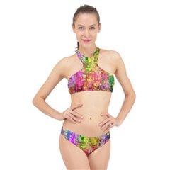 Color Abstract Artifact Pixel High Neck Bikini Set