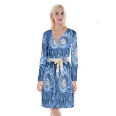 Blue Fractal Abstract Spiral Long Sleeve Velvet Front Wrap Dress