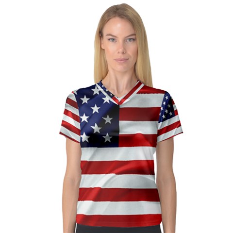 American Usa Flag V-neck Sport Mesh Tee by FunnyCow