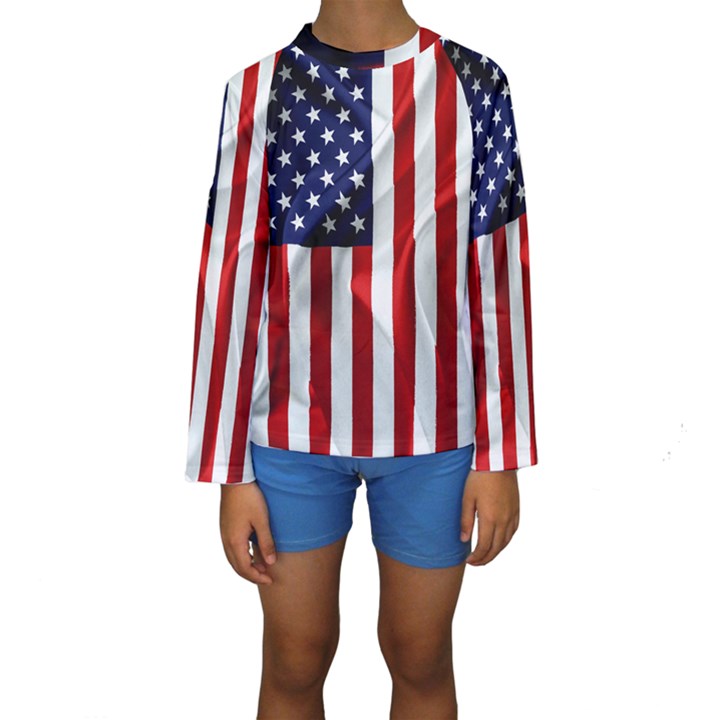 American Usa Flag Vertical Kids  Long Sleeve Swimwear