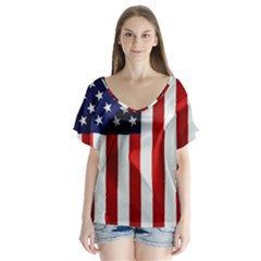 American Usa Flag Vertical V-neck Flutter Sleeve Top