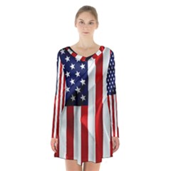 American Usa Flag Vertical Long Sleeve Velvet V-neck Dress