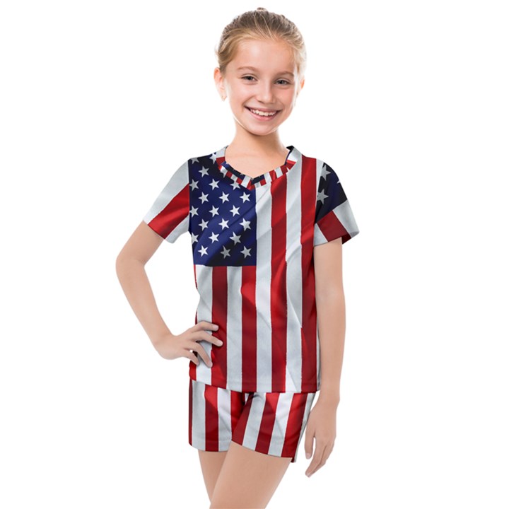 American Usa Flag Vertical Kids  Mesh Tee and Shorts Set