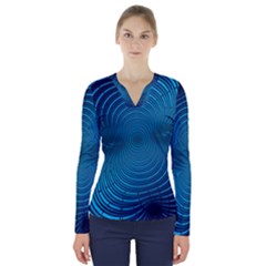 Blue Background Brush Particles Wave V-neck Long Sleeve Top