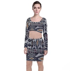 Fabric Textile Abstract Pattern Long Sleeve Crop Top & Bodycon Skirt Set