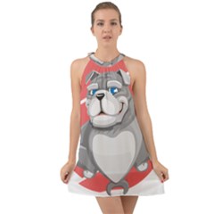 Bulldog Dog Animal Pet Heart Fur Halter Tie Back Chiffon Dress by Sapixe