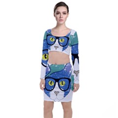 Drawing Cat Pet Feline Pencil Long Sleeve Crop Top & Bodycon Skirt Set