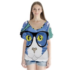 Drawing Cat Pet Feline Pencil V-Neck Flutter Sleeve Top