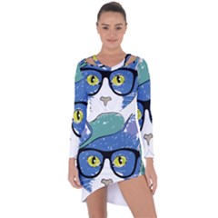 Drawing Cat Pet Feline Pencil Asymmetric Cut-Out Shift Dress