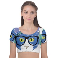 Drawing Cat Pet Feline Pencil Velvet Short Sleeve Crop Top 