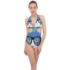 Drawing Cat Pet Feline Pencil Halter Front Plunge Swimsuit