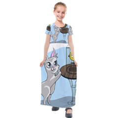 Cat Bird Cage Hunt Hunting Pet Kids  Short Sleeve Maxi Dress by Sapixe