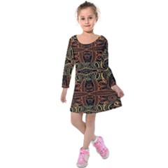Brown And Gold Aztec Design  Kids  Long Sleeve Velvet Dress by flipstylezfashionsLLC