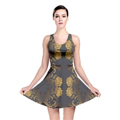 Beautiful Black And Gold Seamless Floral  Reversible Skater Dress