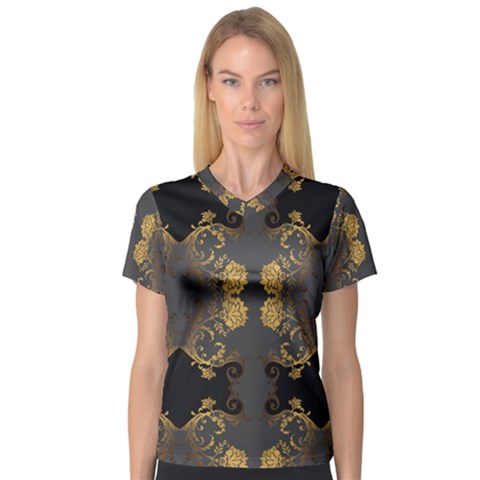 Beautiful Black And Gold Seamless Floral  V-neck Sport Mesh Tee by flipstylezfashionsLLC