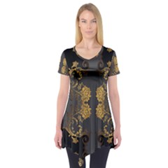 Beautiful Black And Gold Seamless Floral  Short Sleeve Tunic  by flipstylezfashionsLLC