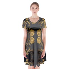 Beautiful Black And Gold Seamless Floral  Short Sleeve V-neck Flare Dress by flipstylezfashionsLLC