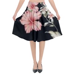Beautiful Tropical Black Pink Florals  Flared Midi Skirt by flipstylezfashionsLLC