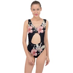 Beautiful Tropical Black Pink Florals  Center Cut Out Swimsuit by flipstylezfashionsLLC