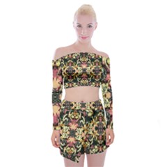 Beautiful seamless brown Tropical Flower Design  Off Shoulder Top with Mini Skirt Set