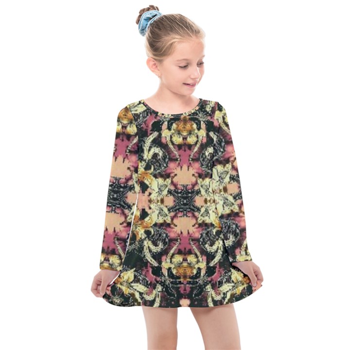 Beautiful seamless brown Tropical Flower Design  Kids  Long Sleeve Dress