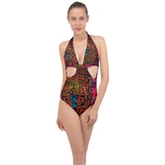 Exotic Water Colors Vibrant  Halter Front Plunge Swimsuit by flipstylezfashionsLLC