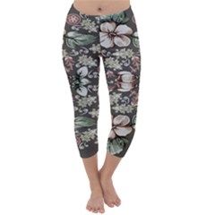 Seamless Pink Green And White Florals Peach Capri Winter Leggings  by flipstylezfashionsLLC