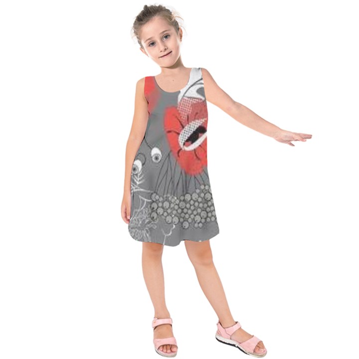 Red poppy flowers on gray background  Kids  Sleeveless Dress