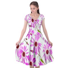 Pink Purple Daisies Design Flowers Cap Sleeve Wrap Front Dress