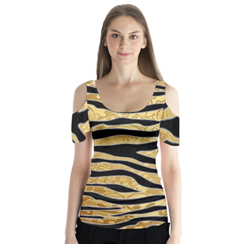 Golden Vector Embossed Golden Black Zebra Stripes Butterfly Sleeve Cutout Tee  by flipstylezfashionsLLC