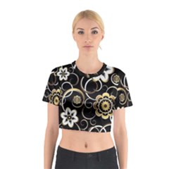 Beautiful Gold And White Flowers On Black Cotton Crop Top by flipstylezfashionsLLC