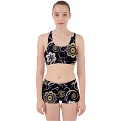 Beautiful Gold And White Flowers On Black Work It Out Gym Set by flipstylezfashionsLLC